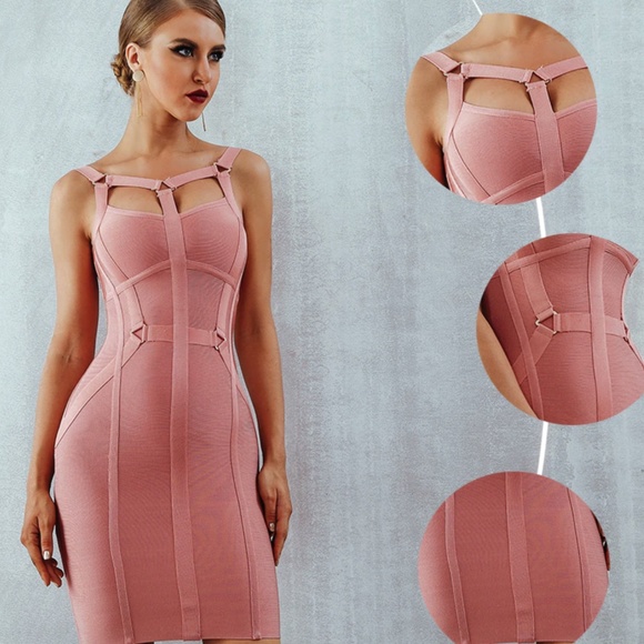 DESIGNER COUTURE PINK STRAPPY CHEST BANDAGE DRESS - Picture 5 of 10